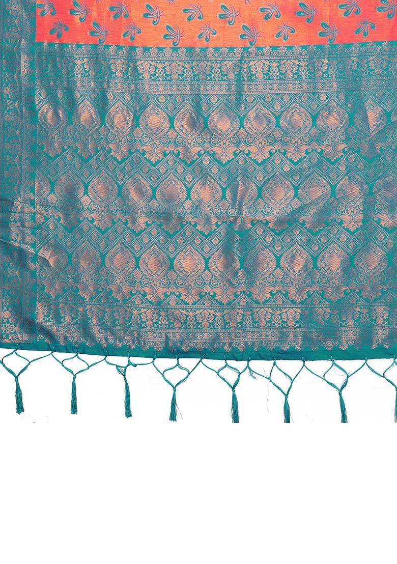 Pink And Light Blue Woven Silk Sarees - Indya