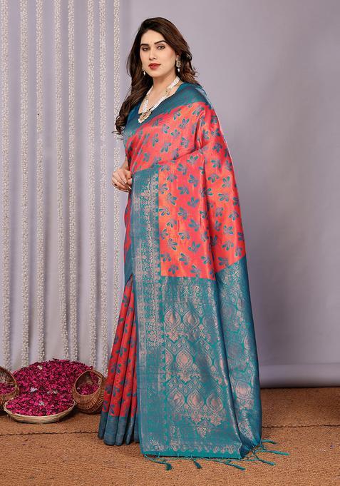 Pink And Light Blue Woven Silk Sarees