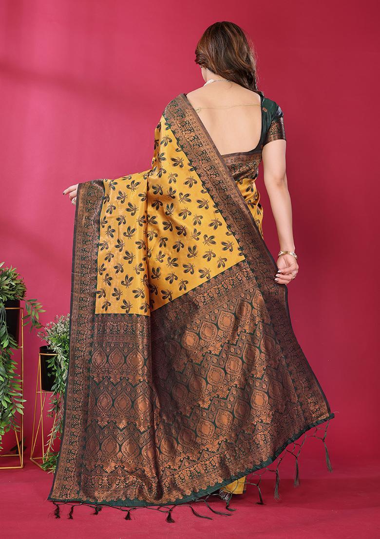 Yellow And Green Woven Silk Sarees - Indya