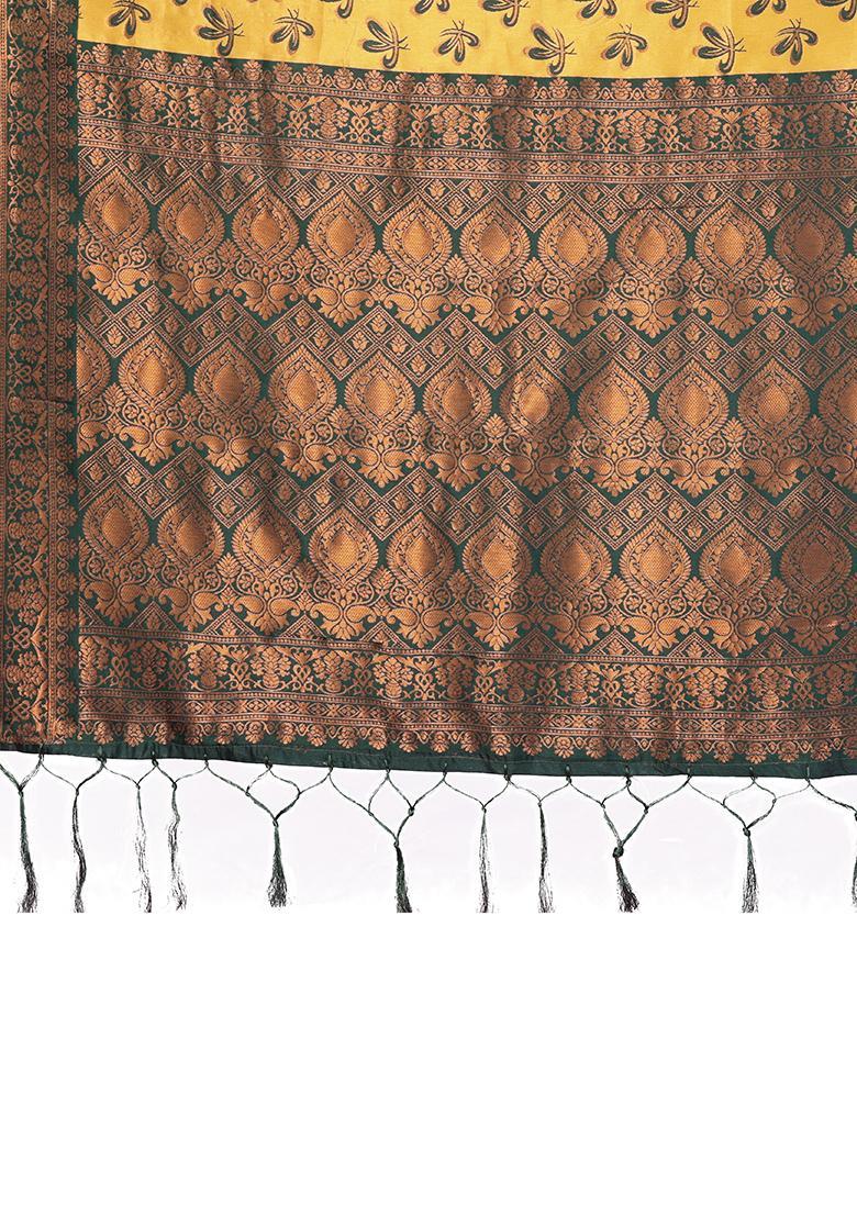 Yellow And Green Woven Silk Sarees - Indya