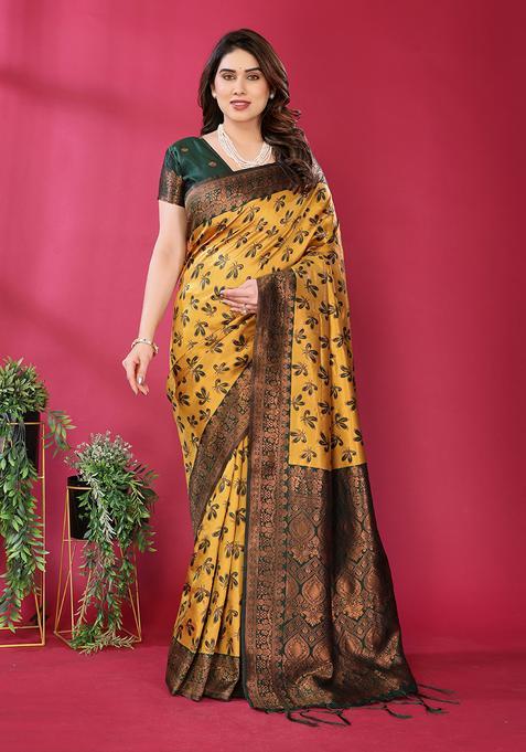 Yellow And Green Woven Silk Sarees