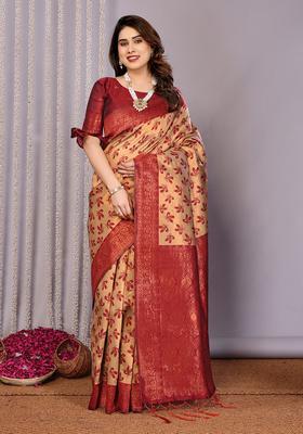 Cream And Maroon Woven Silk Sarees