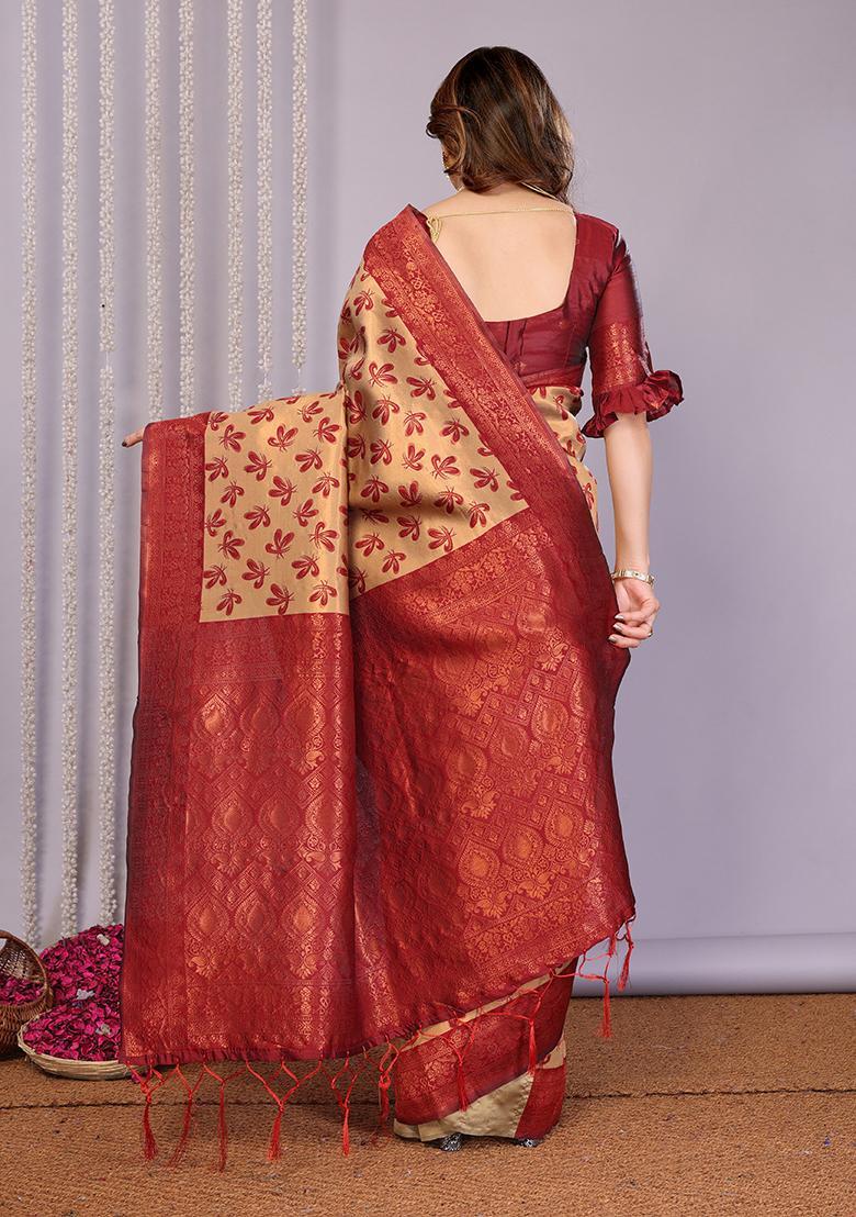 Cream And Maroon Woven Silk Sarees - Indya