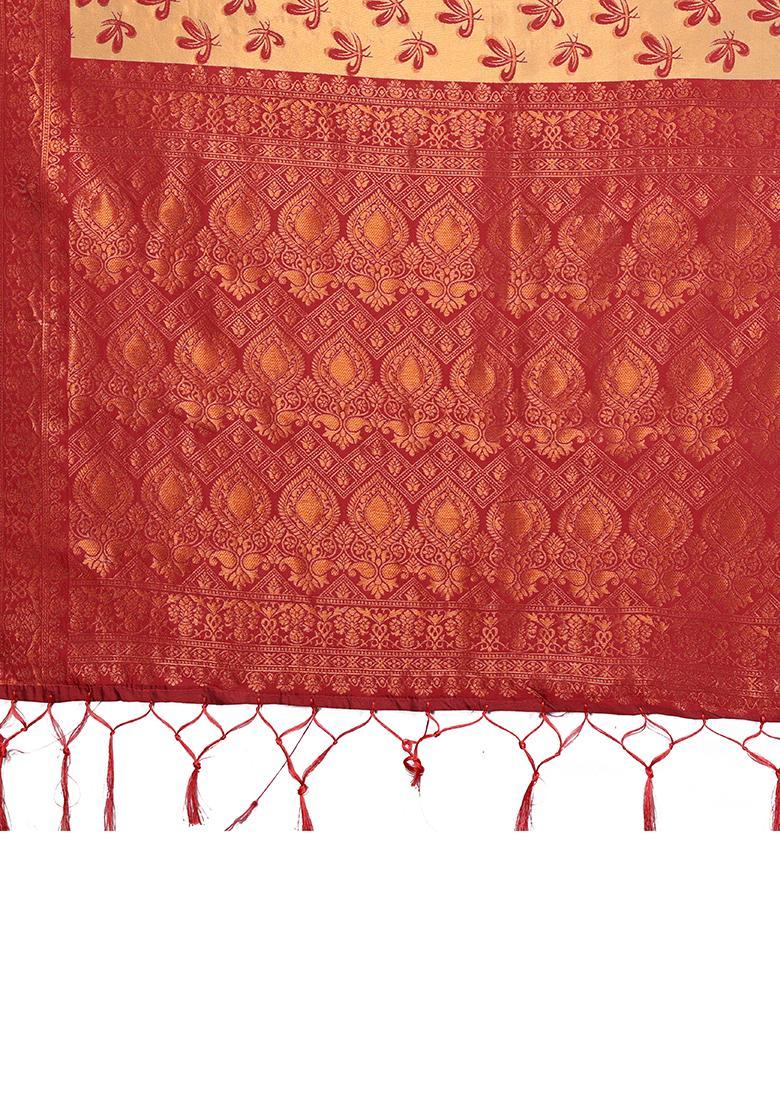 Cream And Maroon Woven Silk Sarees - Indya