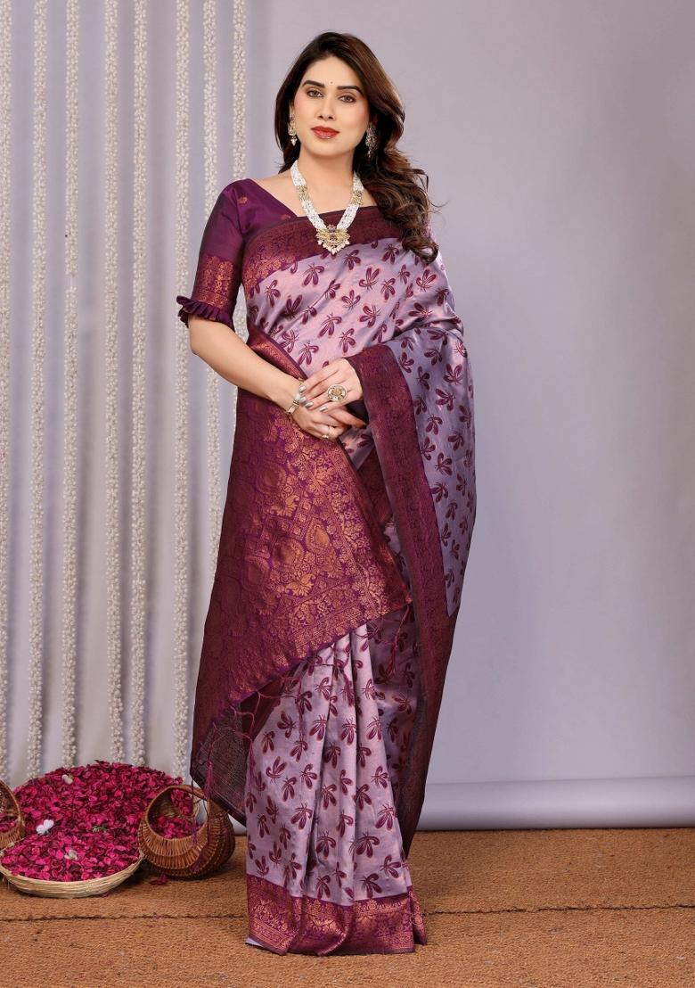 Pink And Purple Woven Silk Sarees - Indya