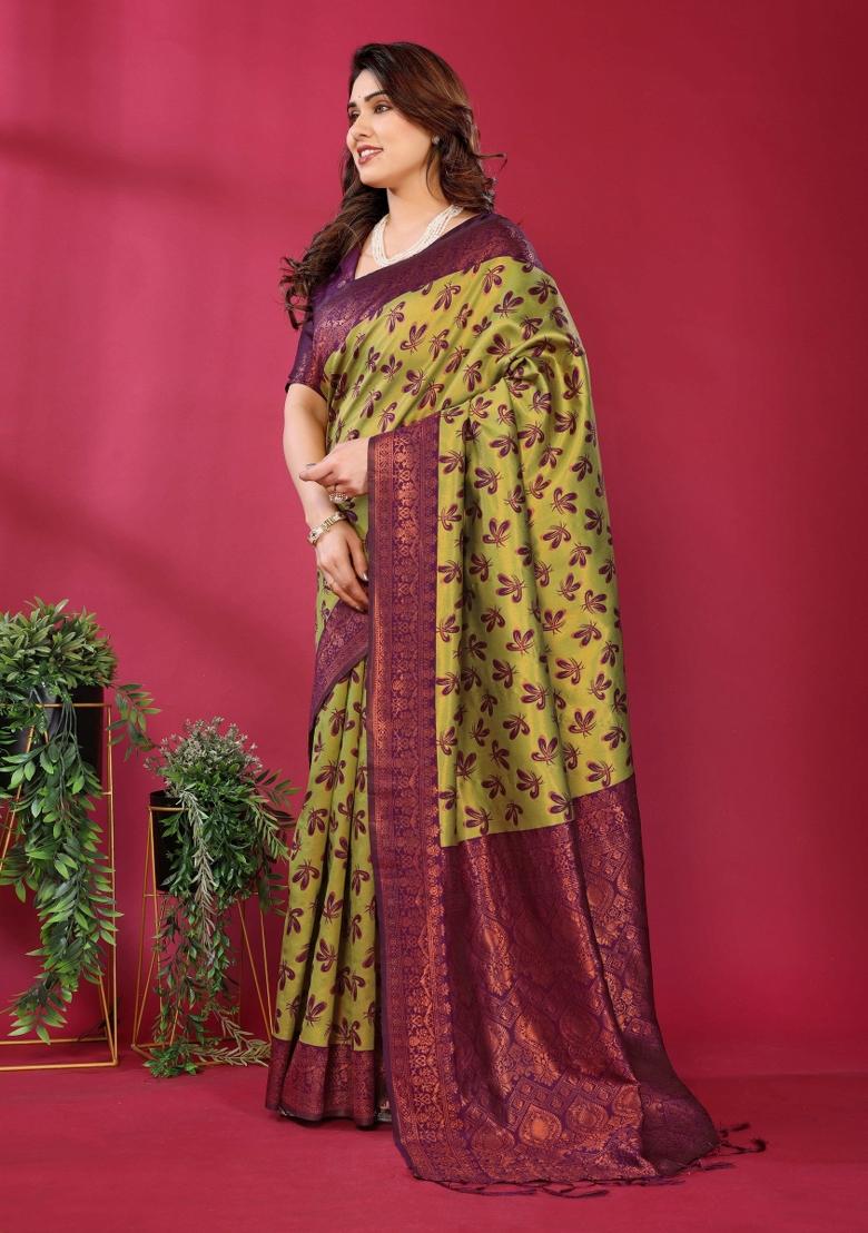 Yellow And Purple Woven Silk Sarees - Indya