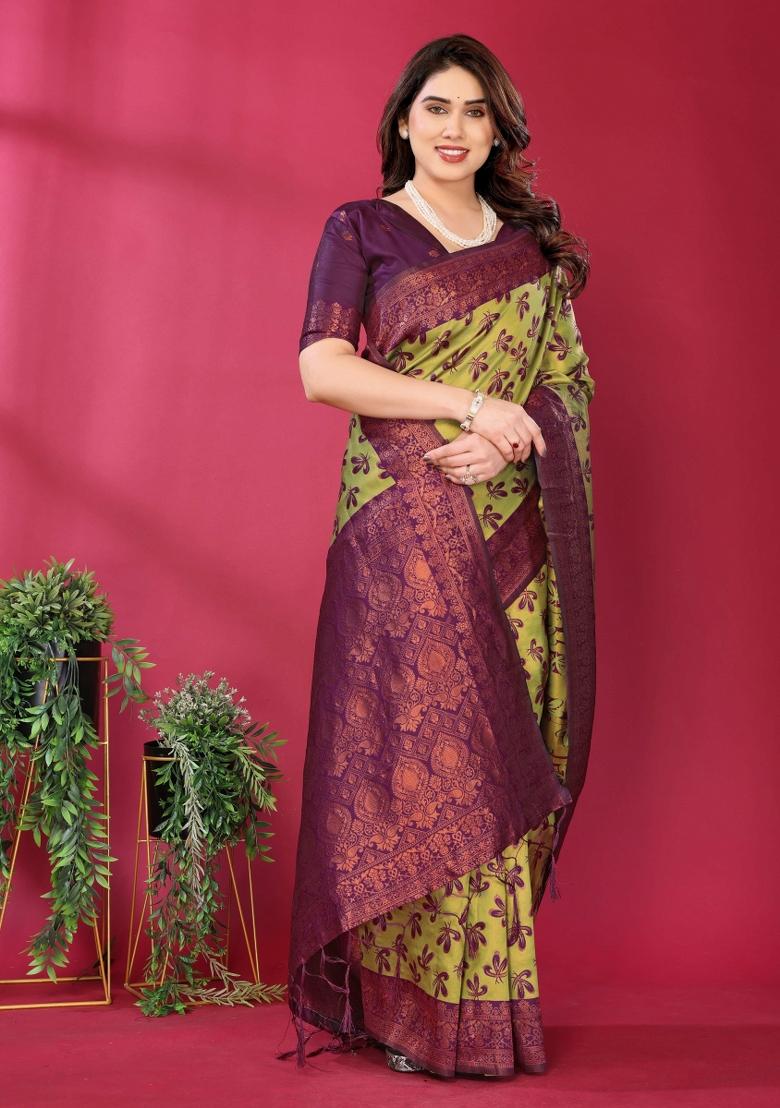 Yellow And Purple Woven Silk Sarees - Indya