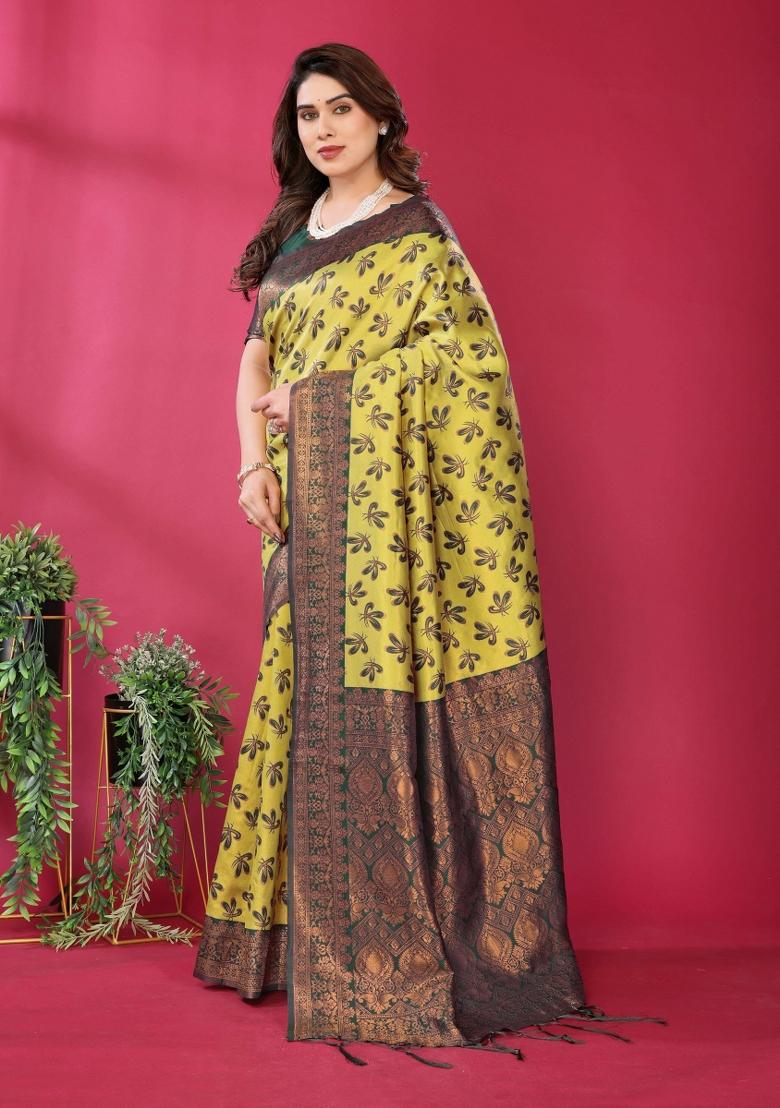 Yellow And Green Woven Silk Sarees - Indya