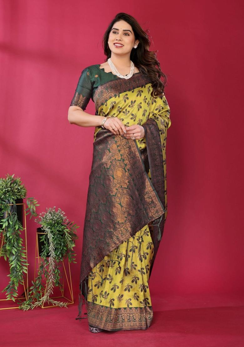 Yellow And Green Woven Silk Sarees - Indya