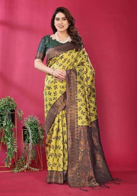 Yellow And Green Woven Silk Sarees