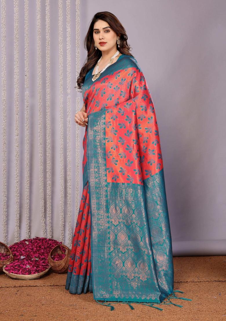 Pink And Blue Woven Silk Sarees - Indya