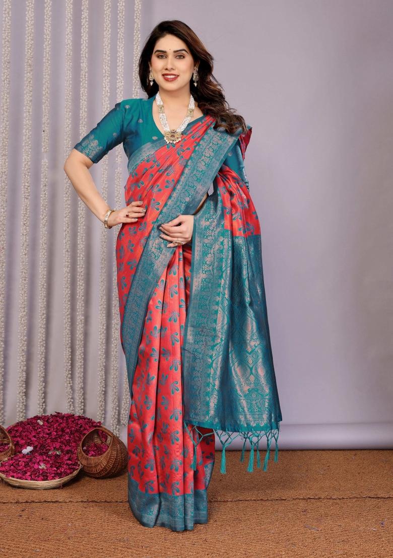 Pink And Blue Woven Silk Sarees - Indya