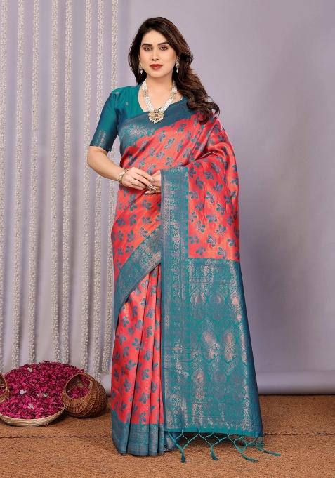 Pink And Blue Woven Silk Sarees