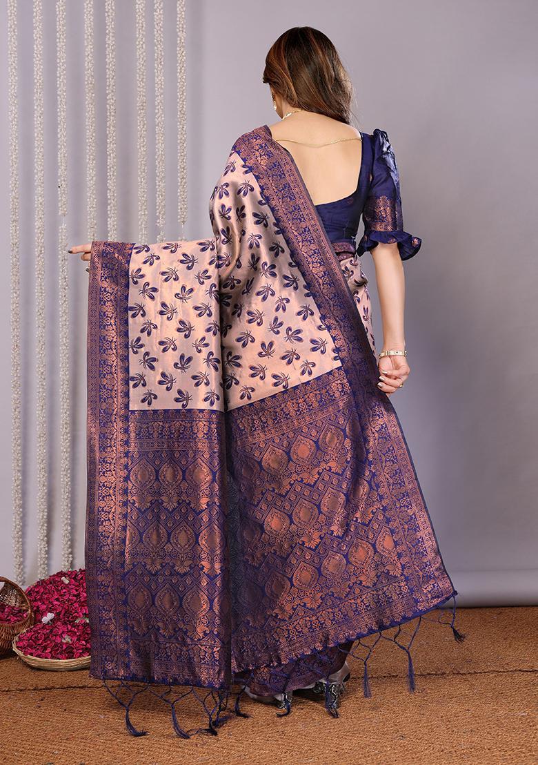 Grey And Dark Blue Woven Silk Sarees - Indya