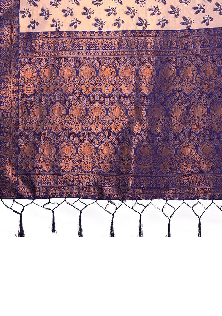 Grey And Dark Blue Woven Silk Sarees - Indya