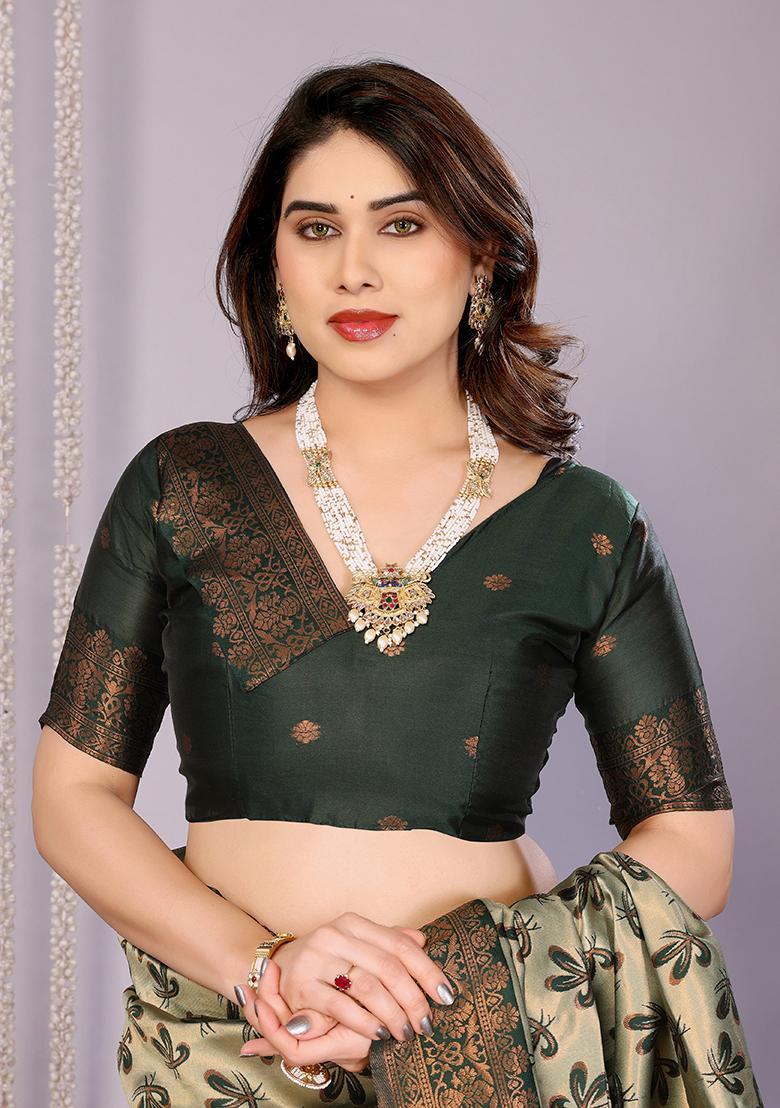 Light Green And Green Woven Silk Sarees - Indya