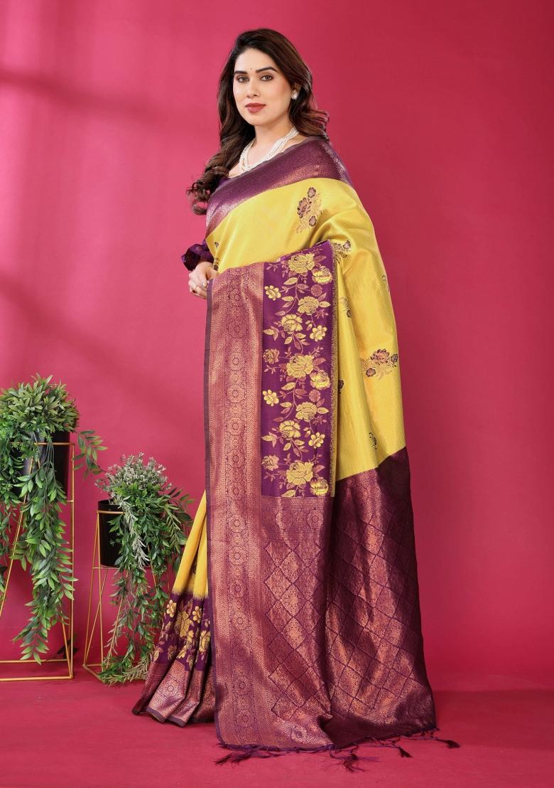 Yellow And Purple Woven Silk Sarees - Indya