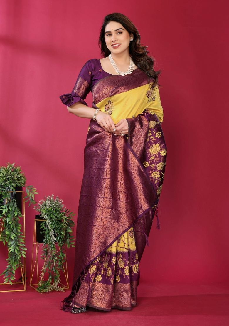 Yellow And Purple Woven Silk Sarees - Indya
