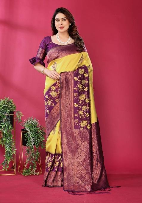 Yellow And Purple Woven Silk Sarees
