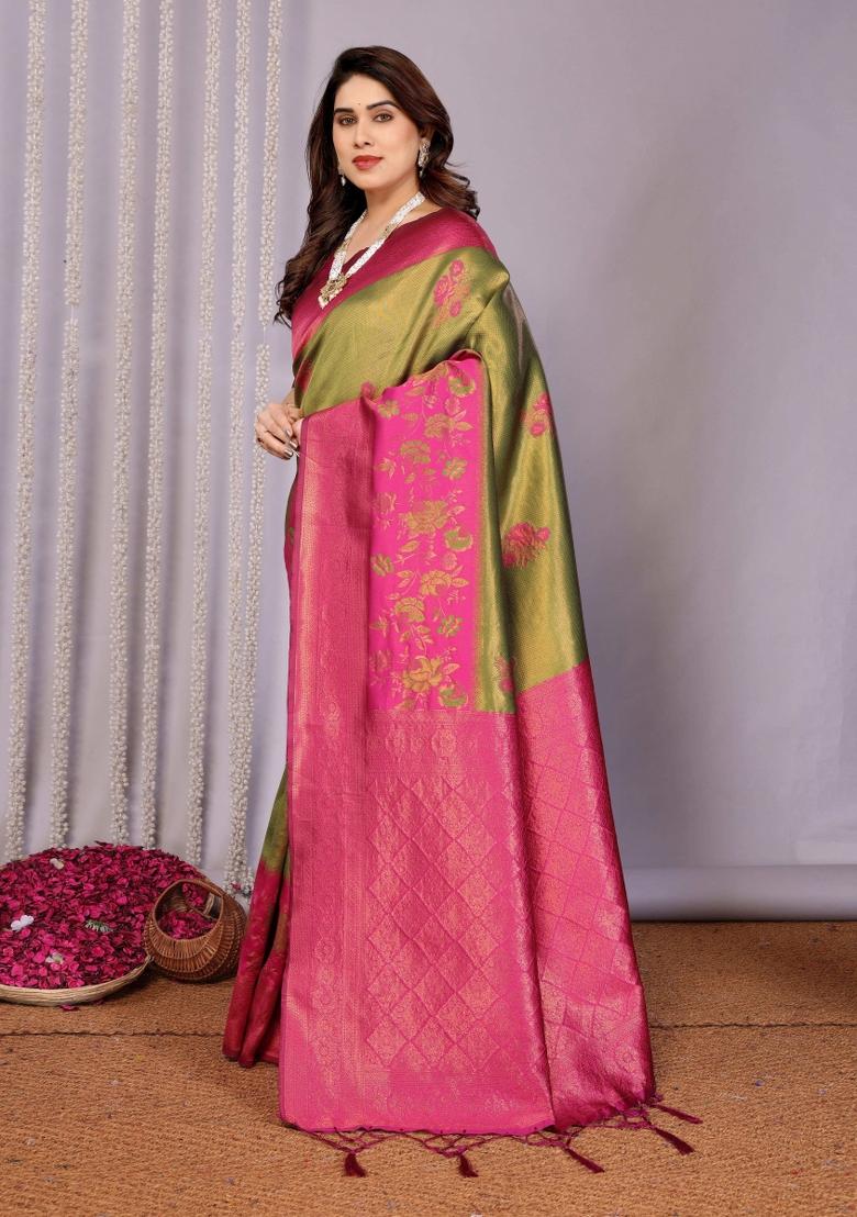 Green And Pink Woven Silk Sarees - Indya