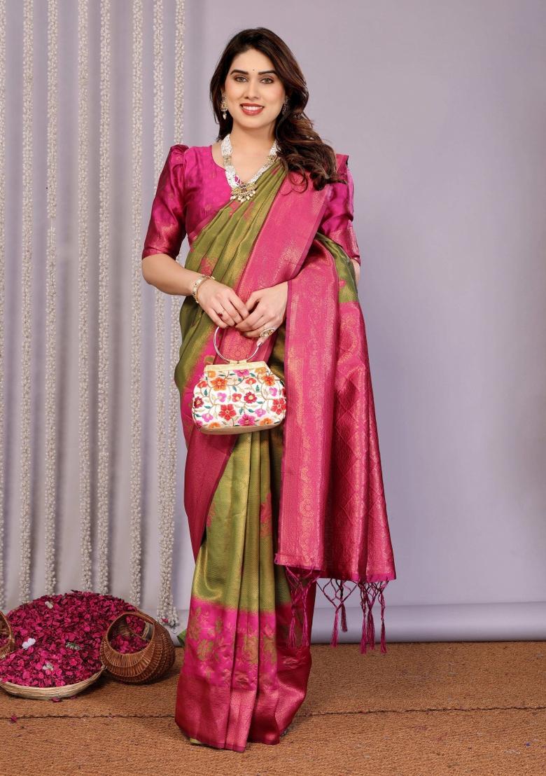 Green And Pink Woven Silk Sarees - Indya