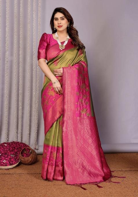 Green And Pink Woven Silk Sarees