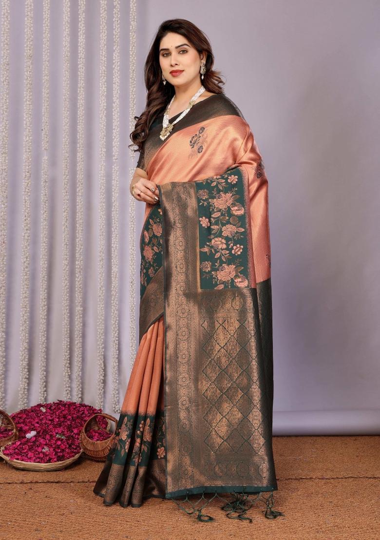 Orange And Green Woven Silk Sarees - Indya