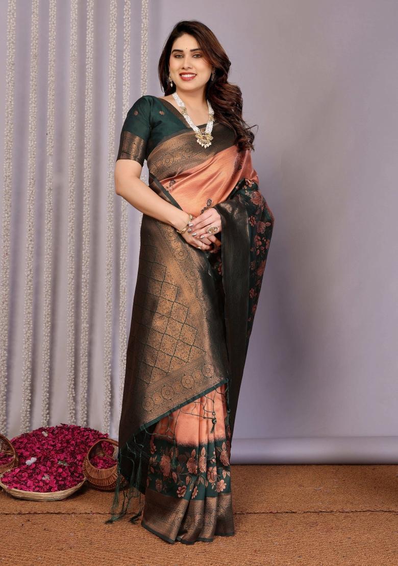 Orange And Green Woven Silk Sarees - Indya