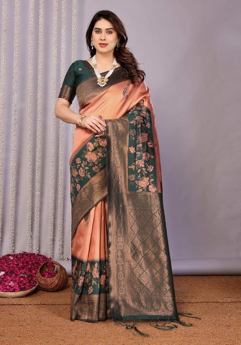 Orange And Green Woven Silk Sarees