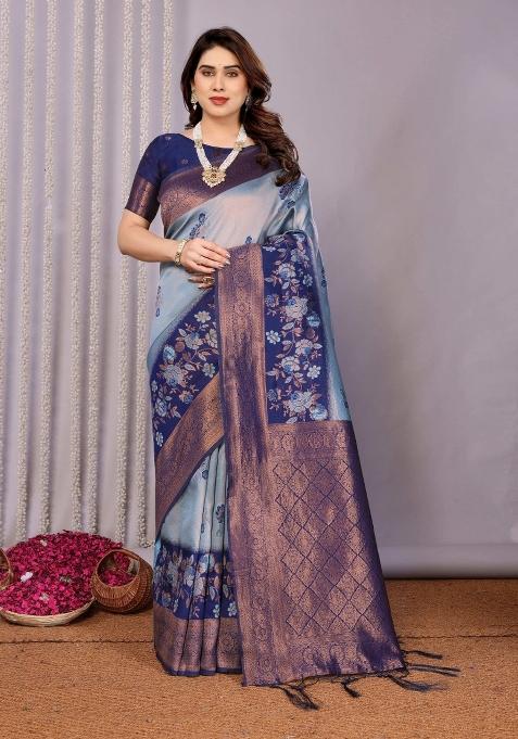 Blue And Dark Blue Woven Silk Sarees