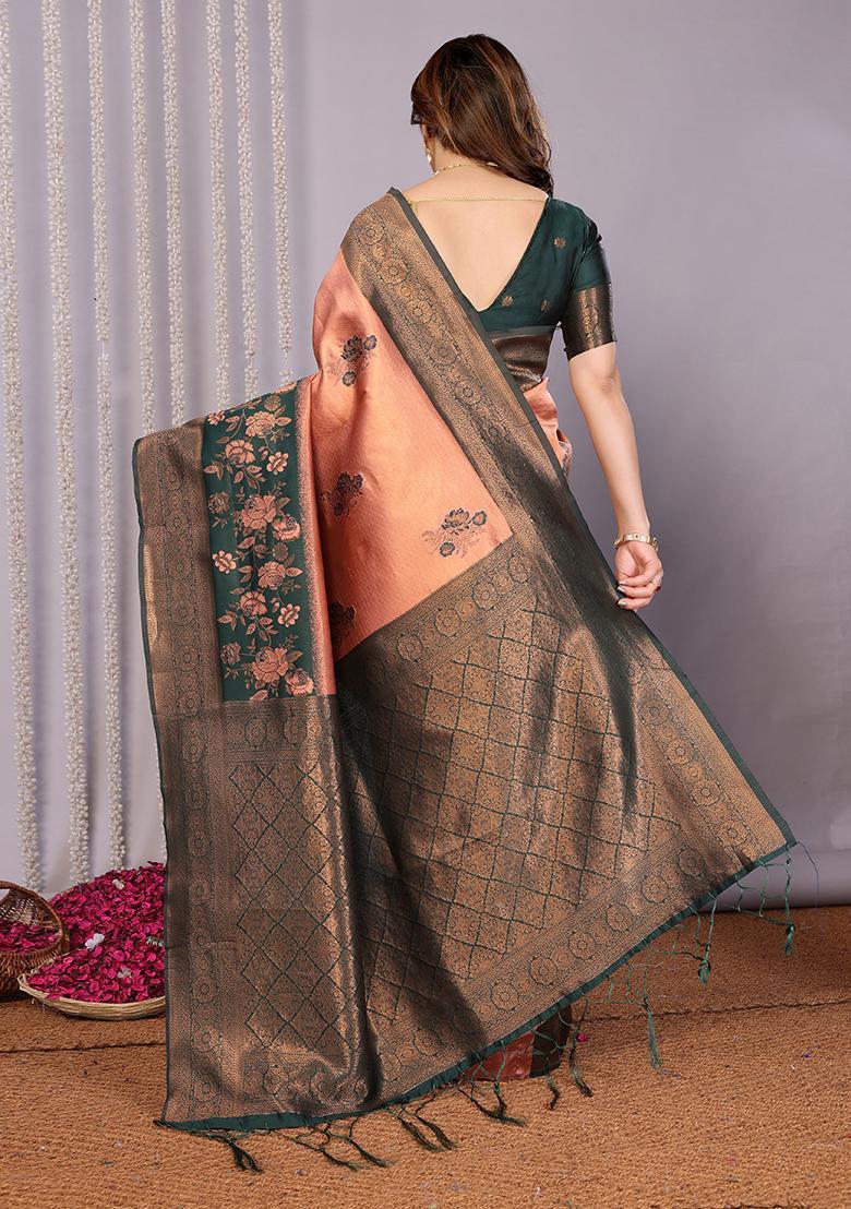 Orange And Green Woven Silk Sarees - Indya