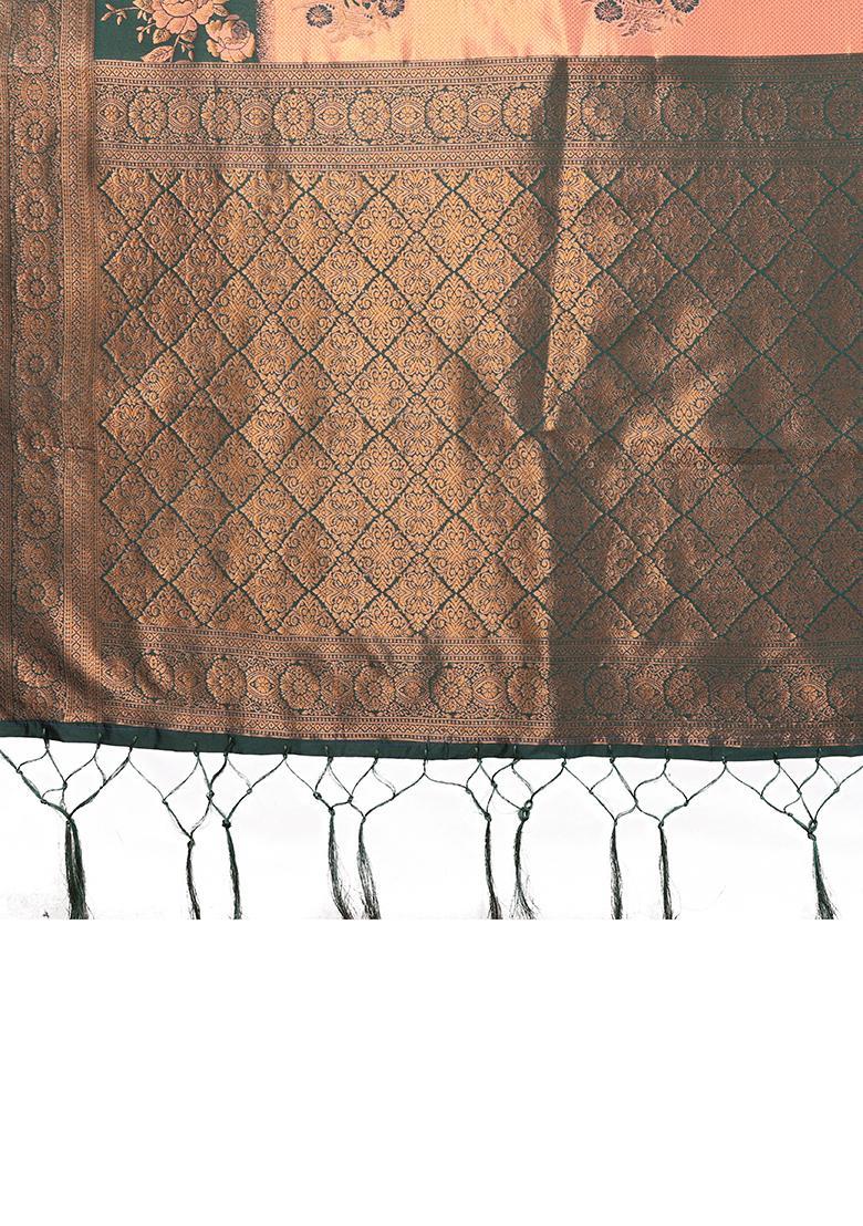 Orange And Green Woven Silk Sarees - Indya