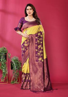Yellow And Purple Woven Silk Sarees