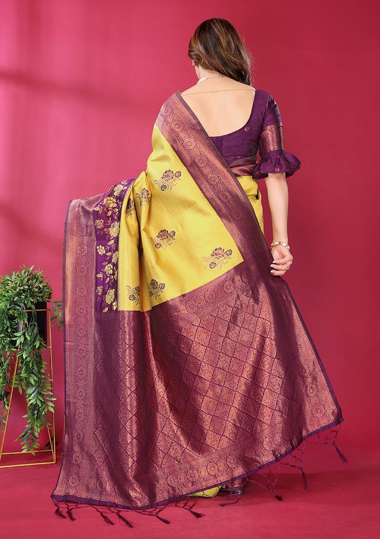 Yellow And Purple Woven Silk Sarees - Indya