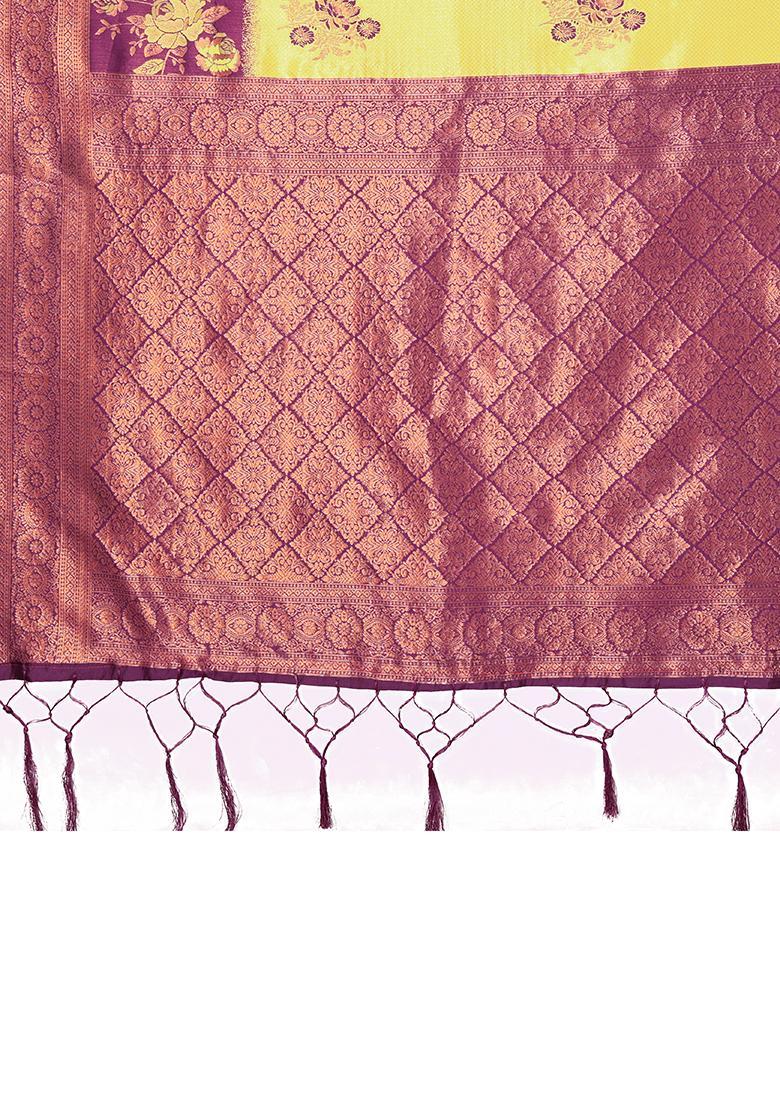 Yellow And Purple Woven Silk Sarees - Indya