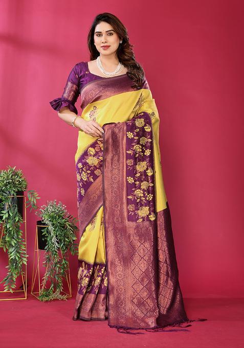 Yellow And Purple Woven Silk Sarees