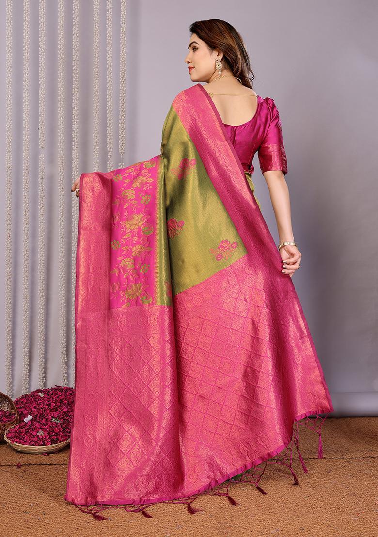 Light Green And Pink Woven Silk Sarees - Indya