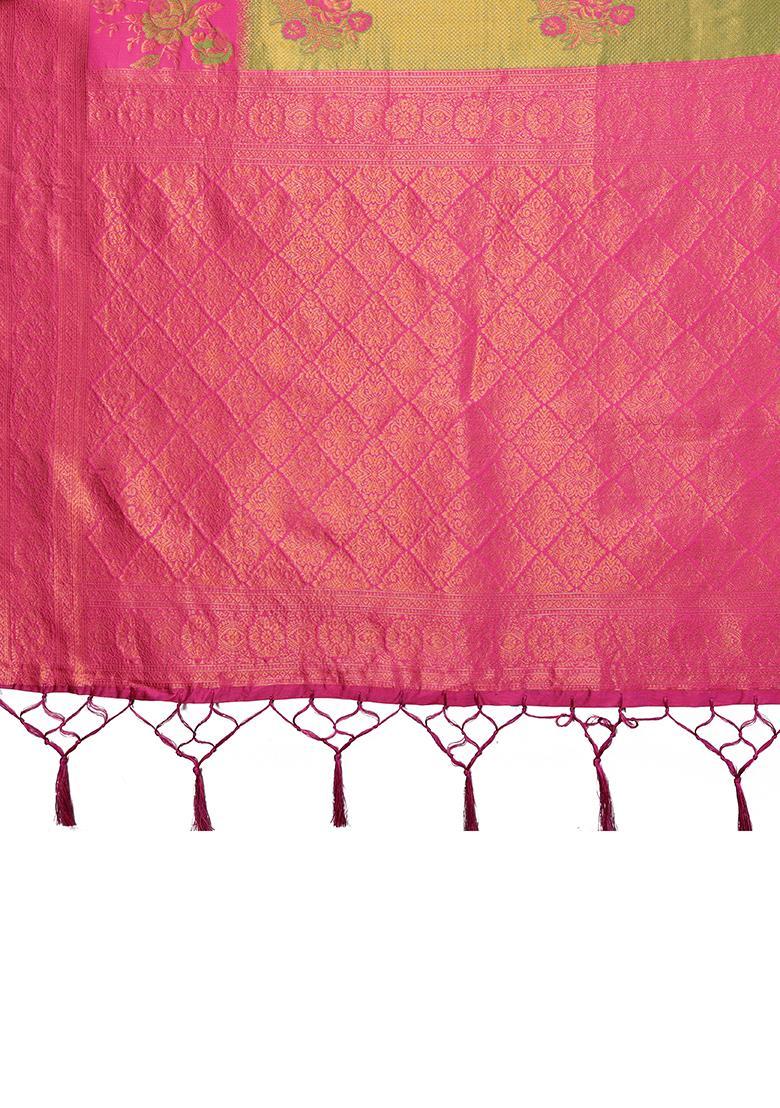 Light Green And Pink Woven Silk Sarees - Indya