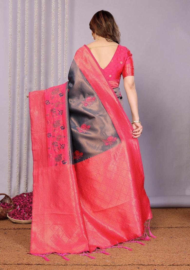 Dark Blue And Pink Woven Silk Sarees - Indya