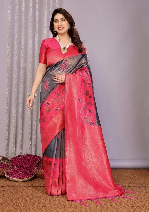 Dark Blue And Pink Woven Silk Sarees