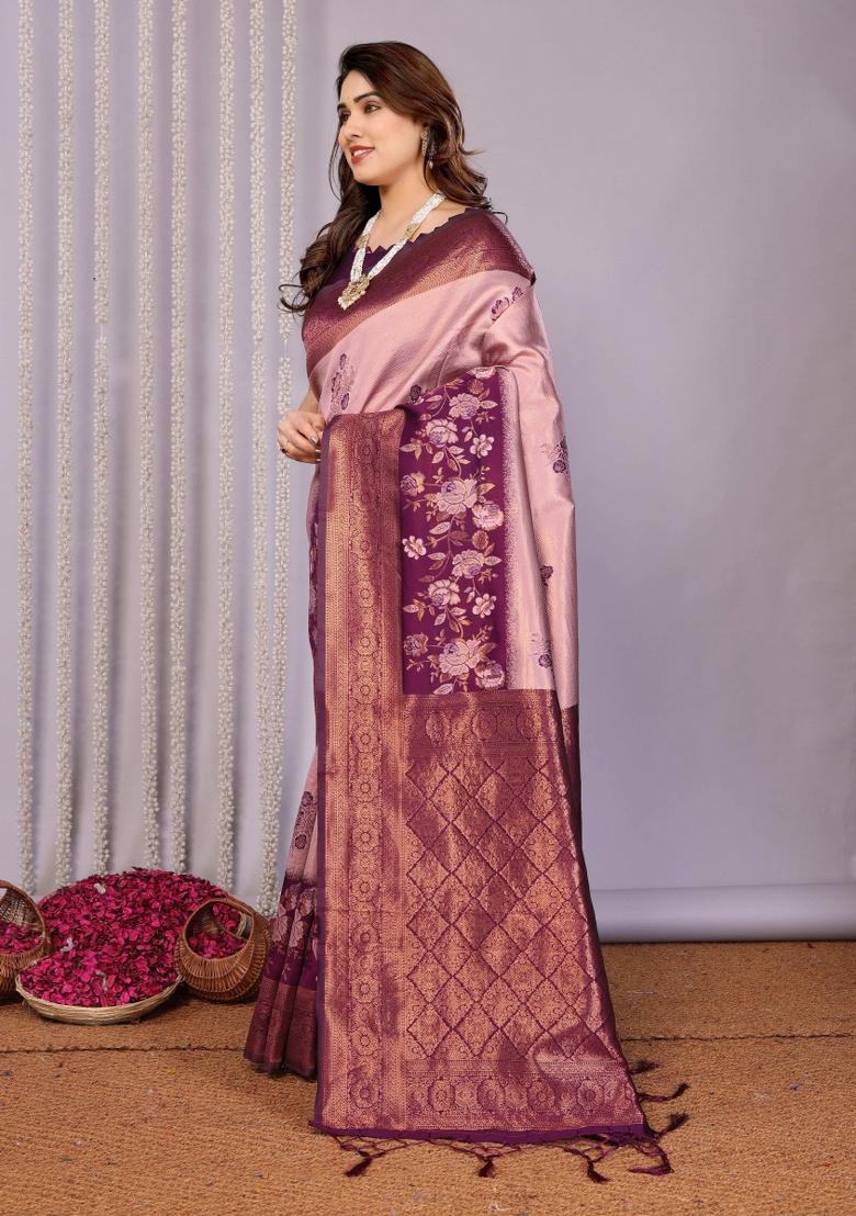 Pink And Purple Woven Silk Sarees - Indya