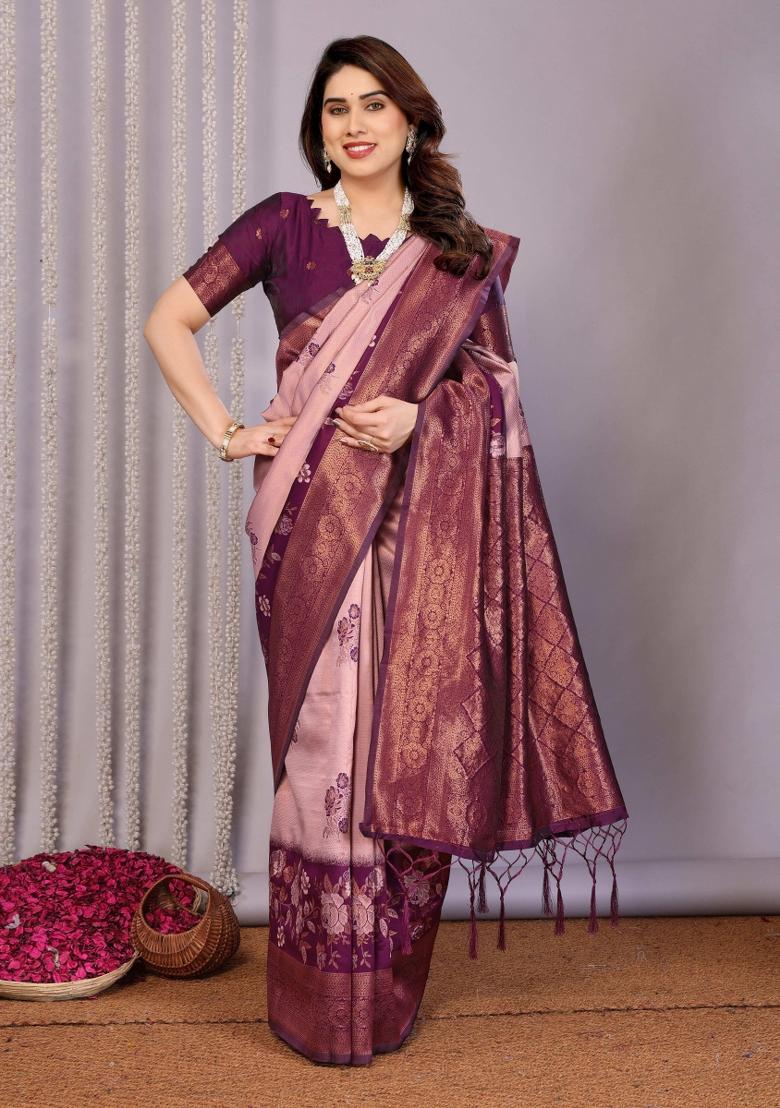 Pink And Purple Woven Silk Sarees - Indya