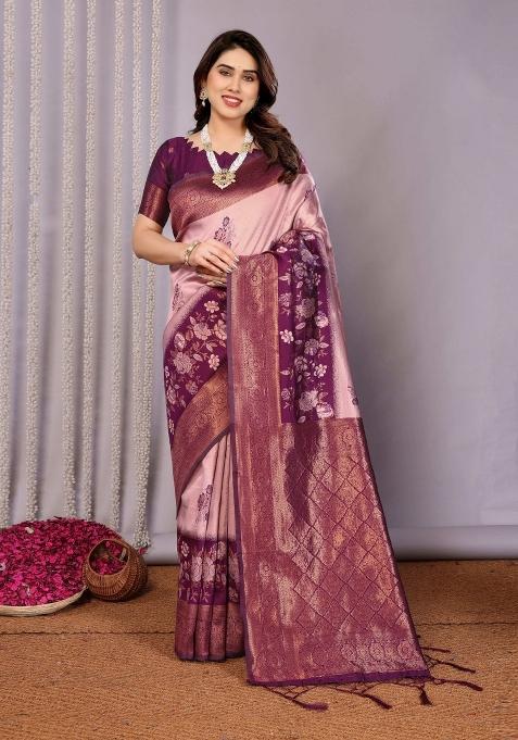 Pink And Purple Woven Silk Sarees