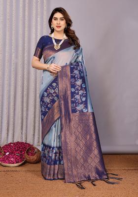 Light Blue And Dark Blue Woven Silk Sarees