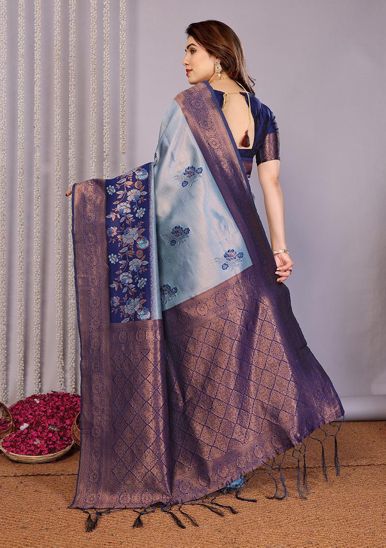 Light Blue And Dark Blue Woven Silk Sarees - Indya