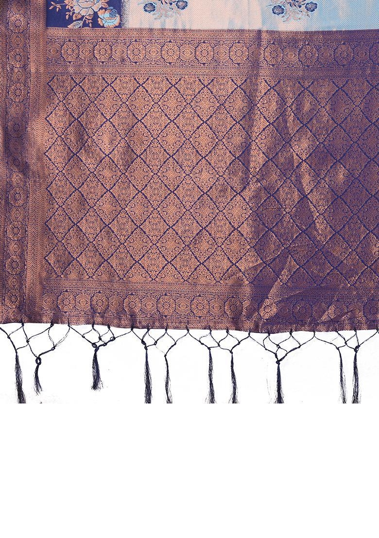 Light Blue And Dark Blue Woven Silk Sarees - Indya