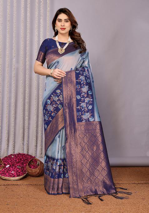 Light Blue And Dark Blue Woven Silk Sarees