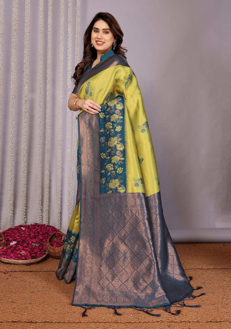 Yellow And Blue Woven Silk Sarees - Indya