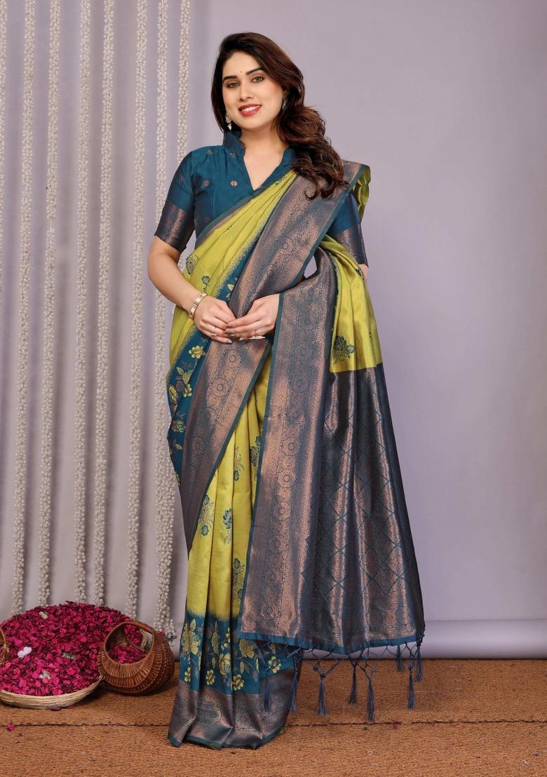 Yellow And Blue Woven Silk Sarees - Indya