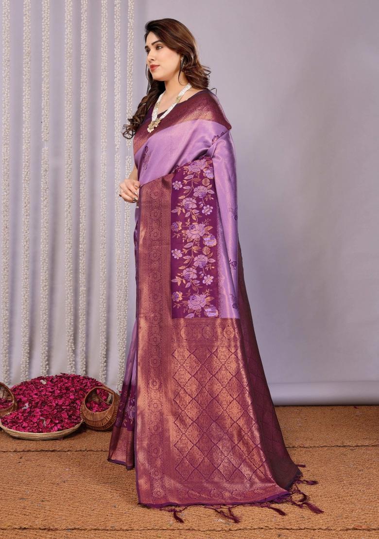 Pink And Purple Woven Silk Sarees - Indya